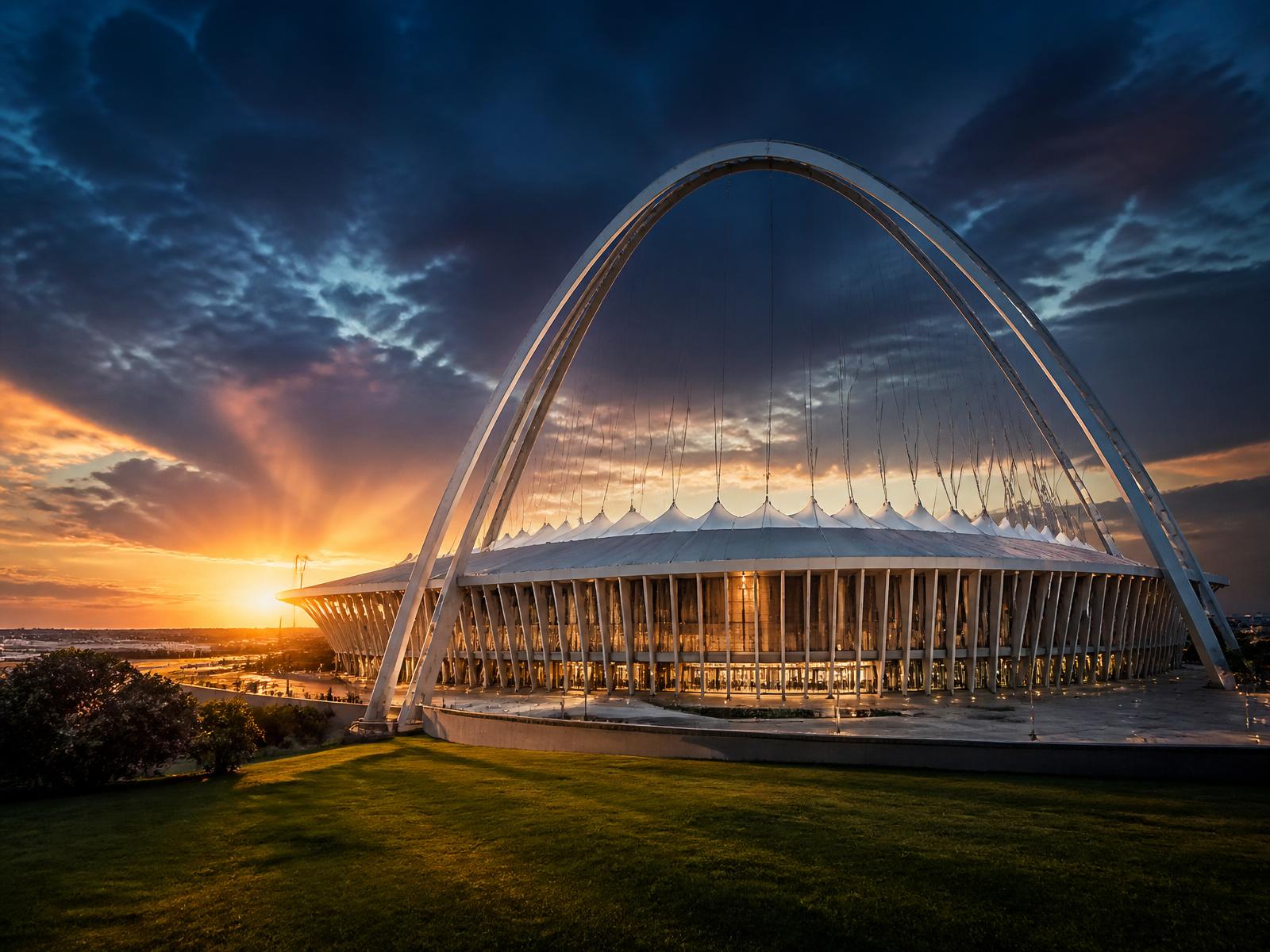 Moses Mabhida Stadium arch against a Durban sunset