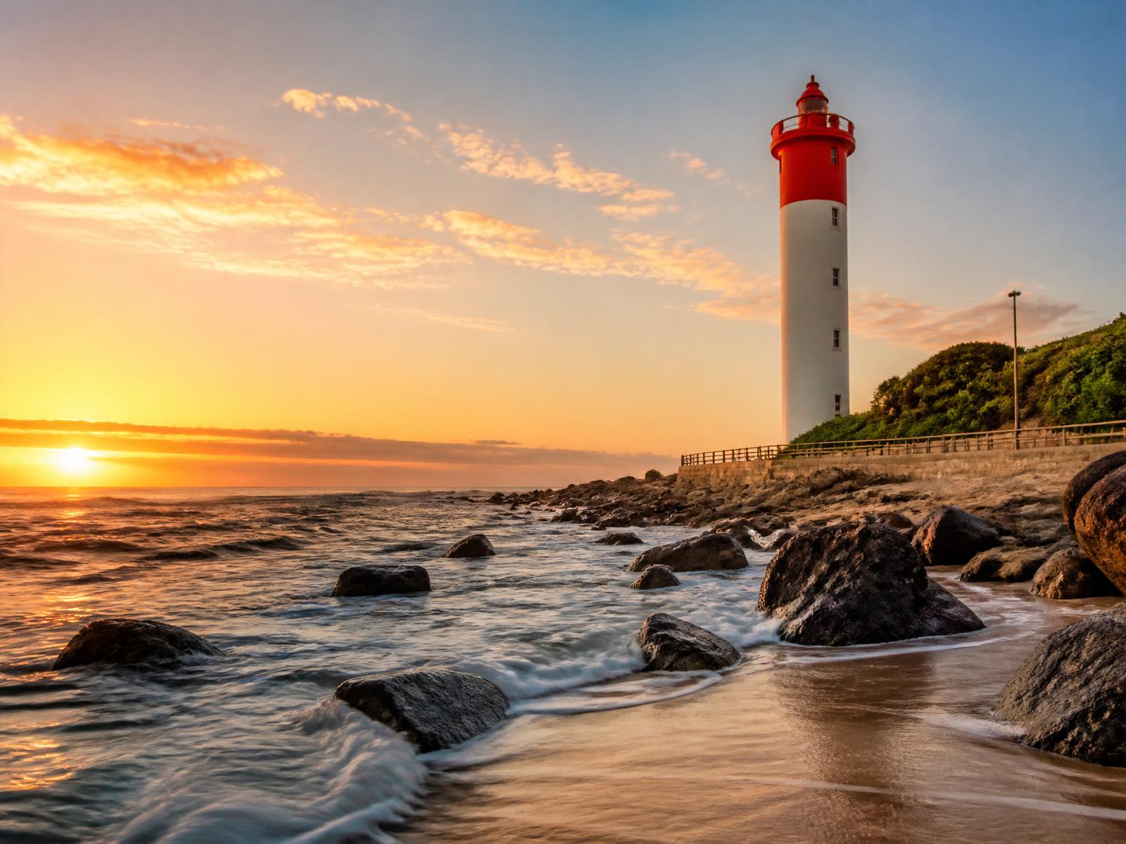 The red and white Umhlanga Lighthouse at sunrise